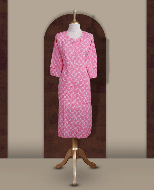 Soft pink colour kurthi with off white floral prints, crafted from soft cotton for a breezy and elegant look & styled with a round V notch neckline and comfortable 3/4th sleeves and a button down front.