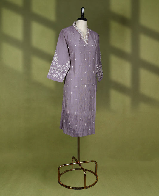 Pastel purple colour V neck Readymade kurta with embroidery and small thread buttas for women, featuring 3/4 sleeves.