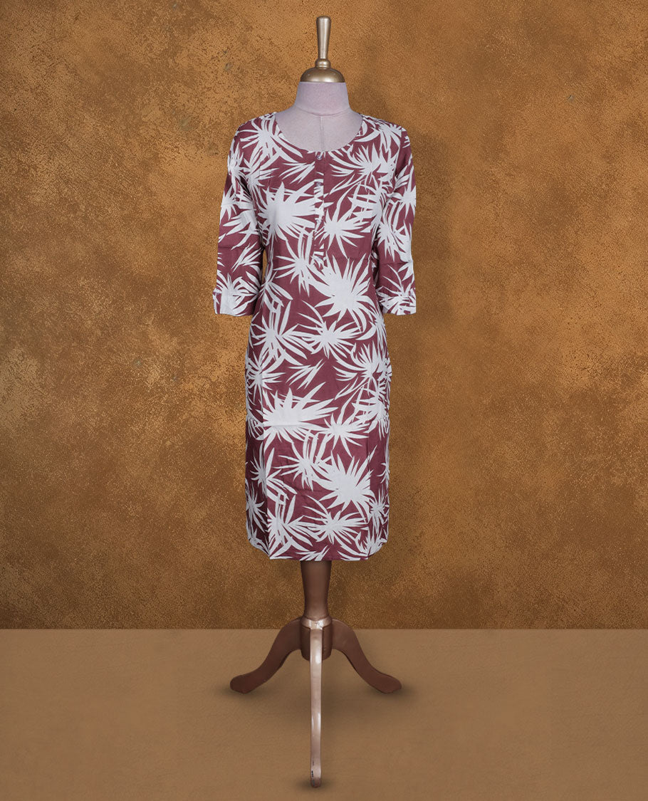 Mauve and white colour kurti with White floral prints, knee length design, styled with a round neckline and a sleeve .