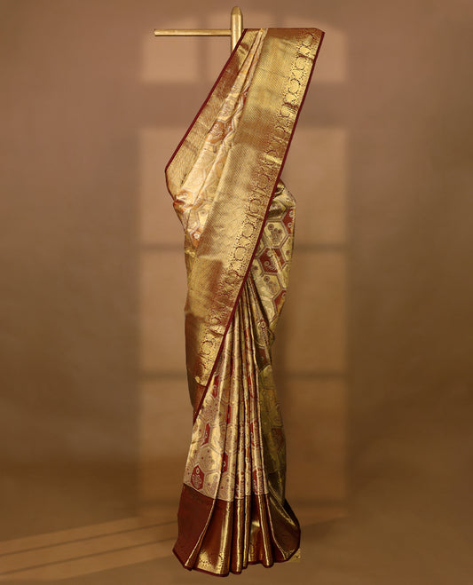 Golden Colour Pure Tissue Wedding Saree having Zari Worked Body with Dark Maroon Brocade Border and Blouse