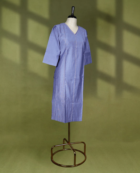 Ash Blue Colour V neck Readymade kurti with embroidery work for women, featuring 3/4 sleeves.