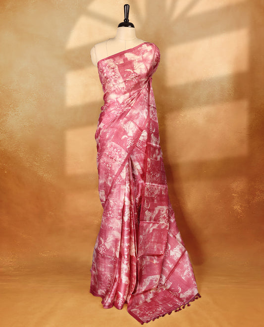 Deep pink colour pure tussar silk light weight saree with full body abstract floral print, no defined border and pallu, paired with matching abstract printed blouse.