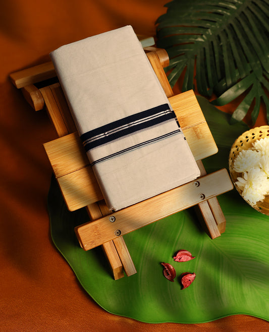 Light ivory Colour cotton double dhoti with One Inch Black kara, crafted for traditional elegance & comfort, for men.