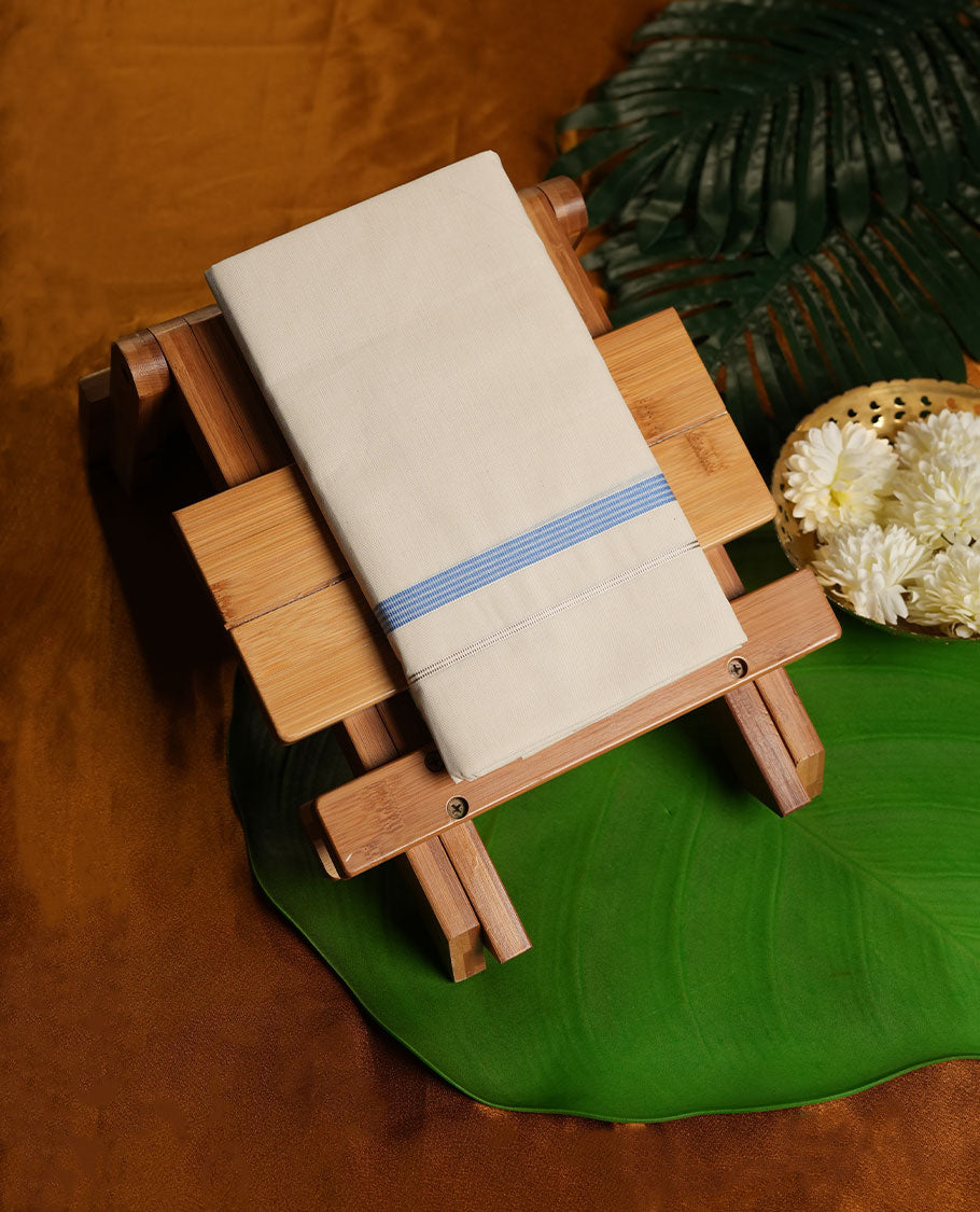 Cream Colour Pure Cotton single Dhoti with Blue and silver Colour Border for Men