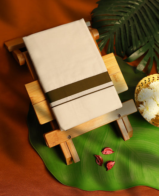 Light ivory Colour cotton single dhoti with 1.5 Inch Deep Olive kara, crafted for traditional elegance & comfort, for men.