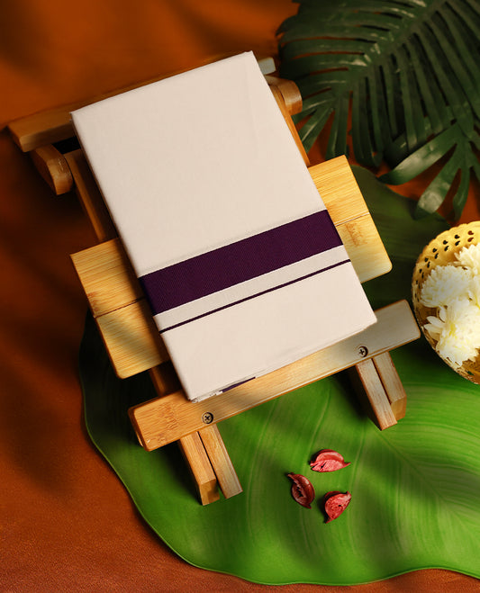 Light ivory Colour cotton single dhoti with 1 Inch Dark Purple kara, crafted for traditional elegance & comfort, for men.