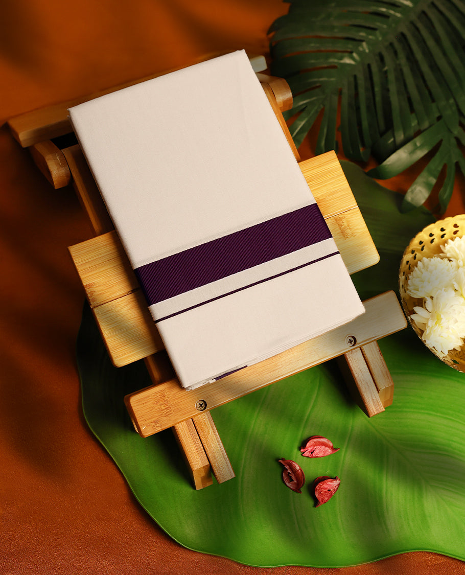 Light ivory Colour cotton single dhoti with 1 Inch Dark Purple kara, crafted for traditional elegance & comfort, for men.