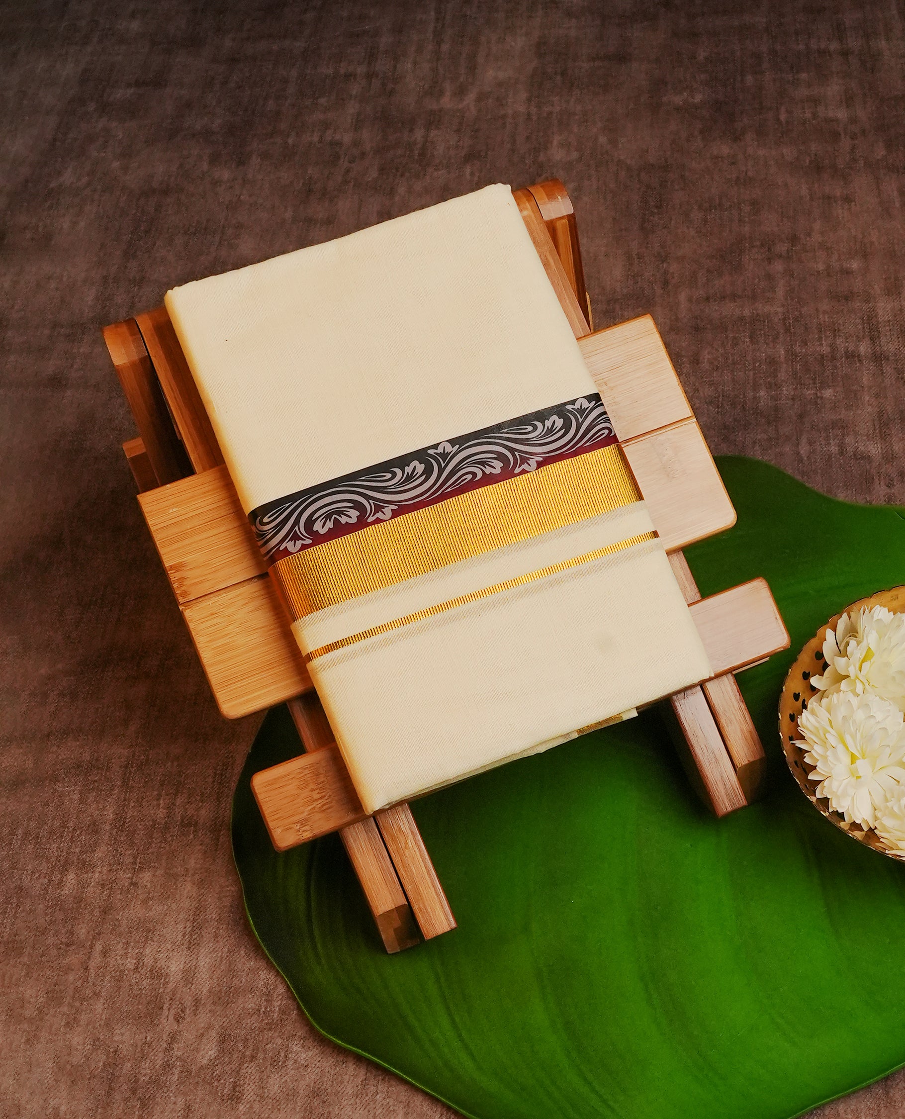 Cream Colour Cotton Double Dhoti Finished With A Classic Golden Zari Kara with digital print