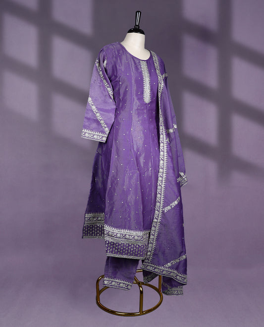 Regal purple colour kurta set featuring three quarter sleeves, a round neckline with intricate silver embroidery, and a matching dupatta for elegant occasions