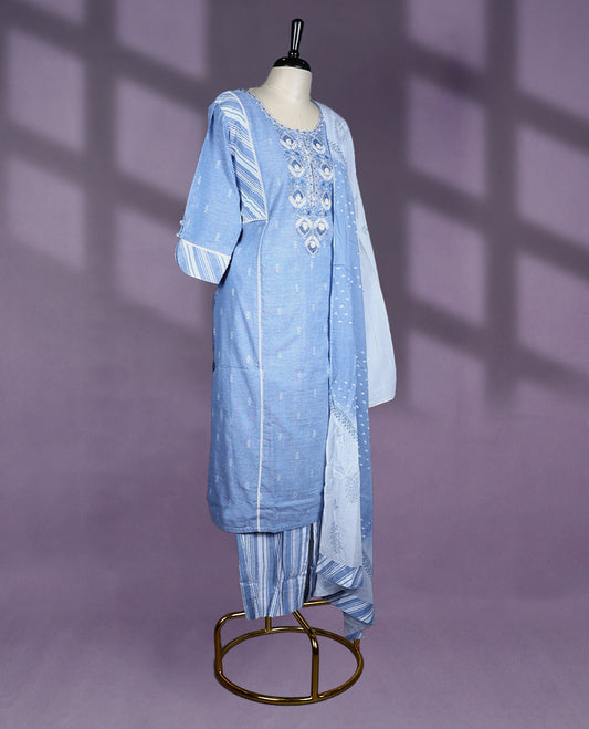 Sky-blue colour ensemble features a round neckline with intricate embroidery and 3/4th sleeves, paired with striped pants and a printed dupatta for a breezy, elegant look.