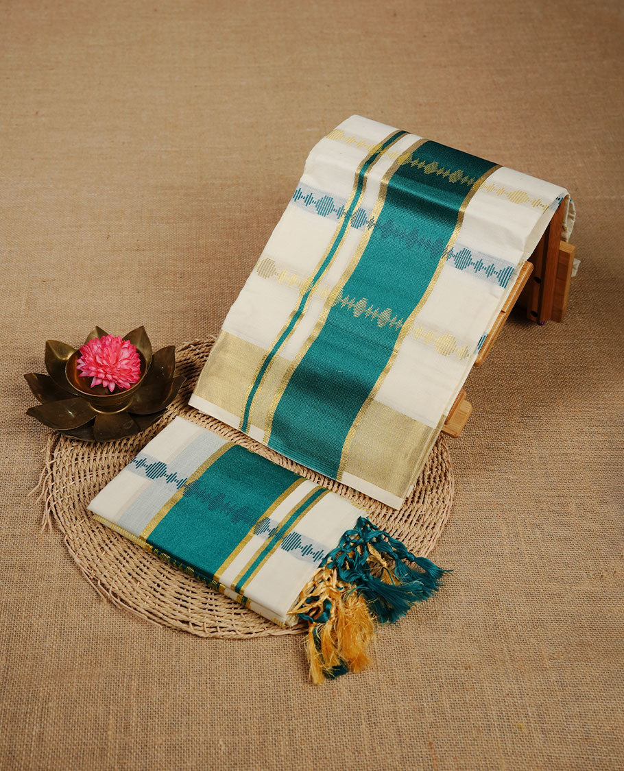 Cream colour cotton set mundu highlighting gold zari border with green and gold pattern.