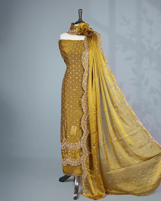 Olive colour salwar material with Cut beats & sequins work on body, Matching Bottom & dupatta.