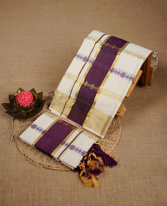 Cream colour cotton set mundu highlighting gold zari purple pattern stripes on body,  purple colour border.