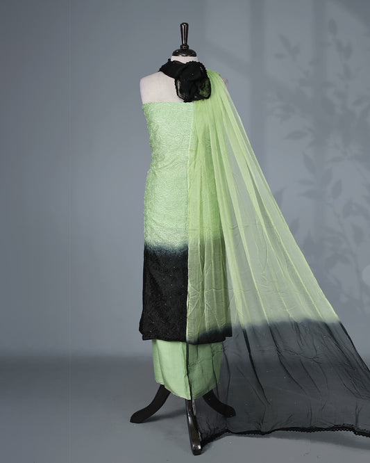Pista Green & Black Ombre Colour  Salwar Material Featuring Elegant Self Thread Embroidery on the Kurta, paired with a matching bottom & graceful shaded Dupatta.