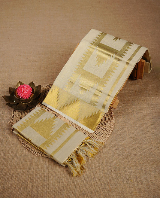 Light Gold colour tissue set mund highlighting gold zari temple pattern traditional border