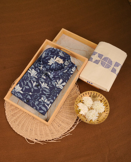 Dark Blue colour shirt featuring Floral Pattern printed body, paired with cream colour double dhoti featuring Same Colour printed border.