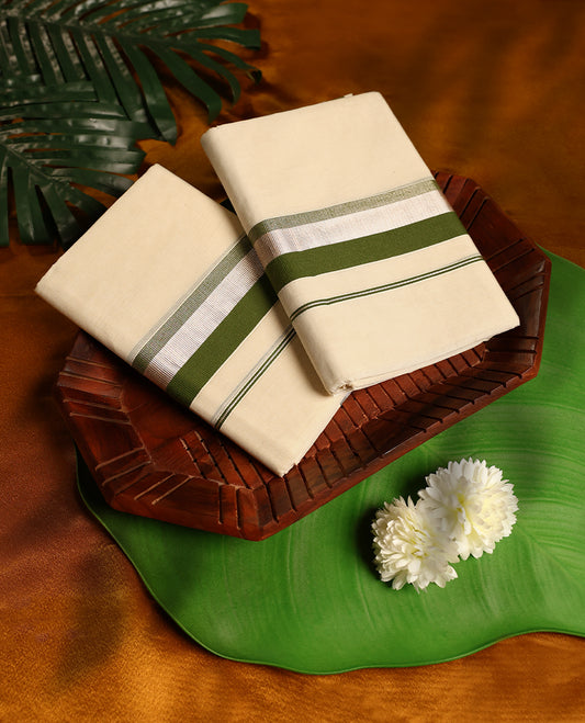Off white colour cotton  SET MUNDU featuring a plain body, complemented by a Olive Green and silver toned Bold border (2.00/2.80 MTS).