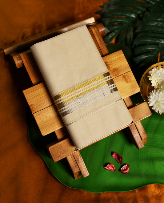Off white colour pure cotton double dhoti featuring elegant golden and silver zari stripes on the border, offering a perfect blend of comfort and traditional charm, ideal for weddings, festivals, and cultural occasions.