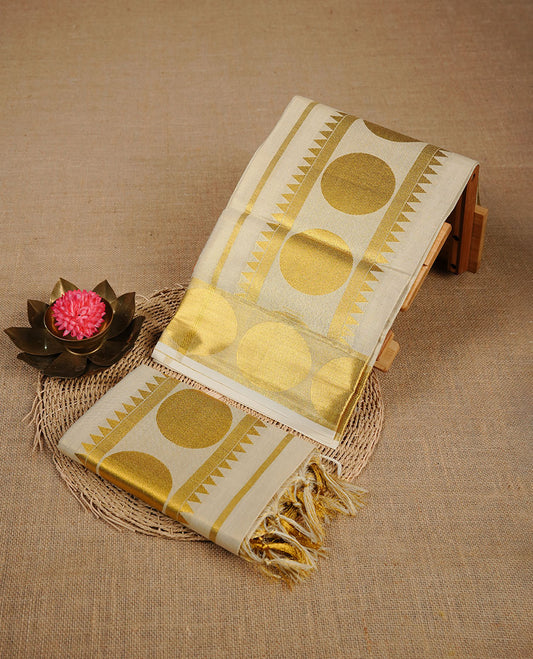Light Gold colour tissue set mundu highlighting gold zari circle & temple pattern on traditional border