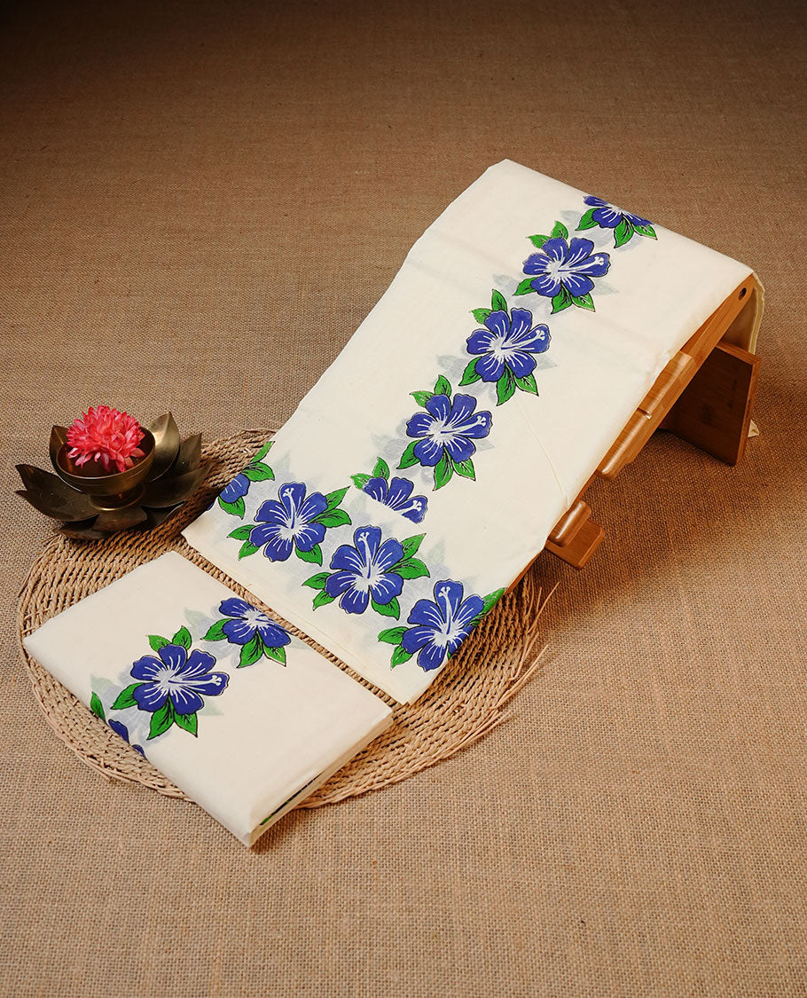 Off white colour Cotton Set Mund featuring a plain body, enhanced by a Blue floral printed border.