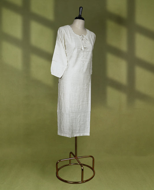 Off White colour round neck Readymade kurti with embroidery work for women, featuring 3/4 sleeves