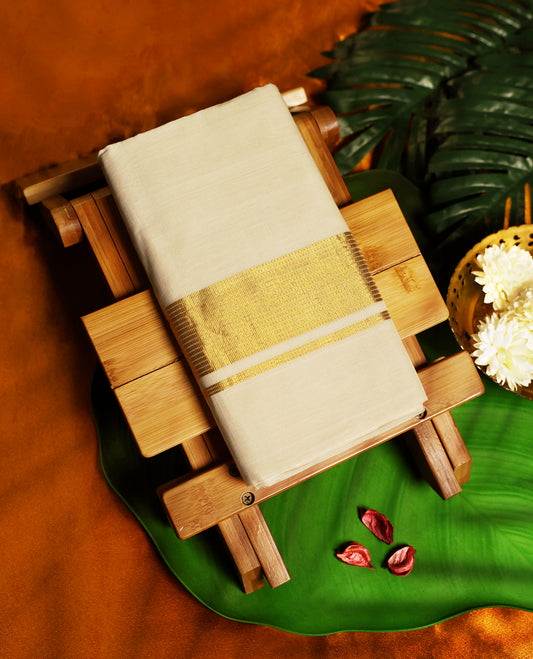 Classic off white colour pure handloom cotton double dhoti with a broad golden zari border, blending simplicity and tradition, perfect for festive occasions and cultural celebrations.