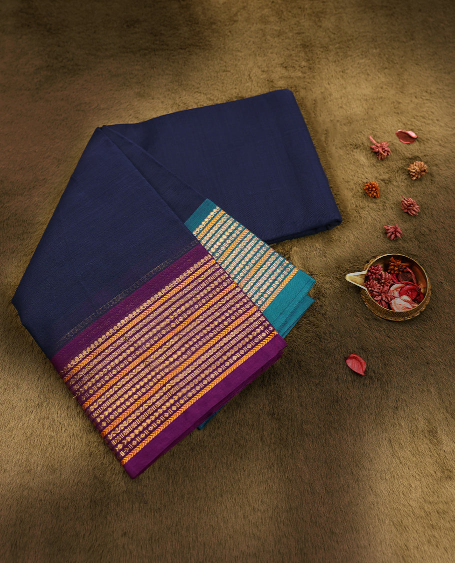 Dark Blue Colour Mixed Chettinad Cotton Saree having plain Body with Ganga Jamuna Border and Self Coloured Blouse