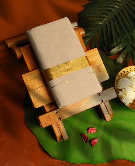 Light ivory Colour cotton double dhoti with Bold Golden kara, crafted for traditional elegance & comfort, for men.