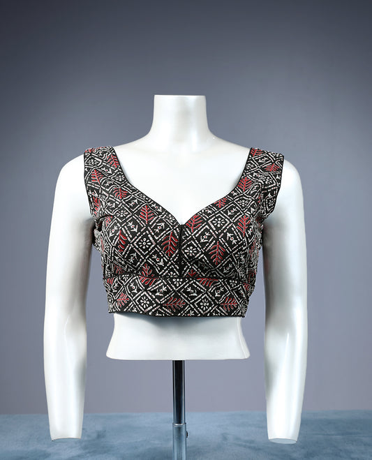 Dark Brown Colour Multi Prints, Deep Neck Design, Attachable Sleeves, Padded, Ready Made Blouse.