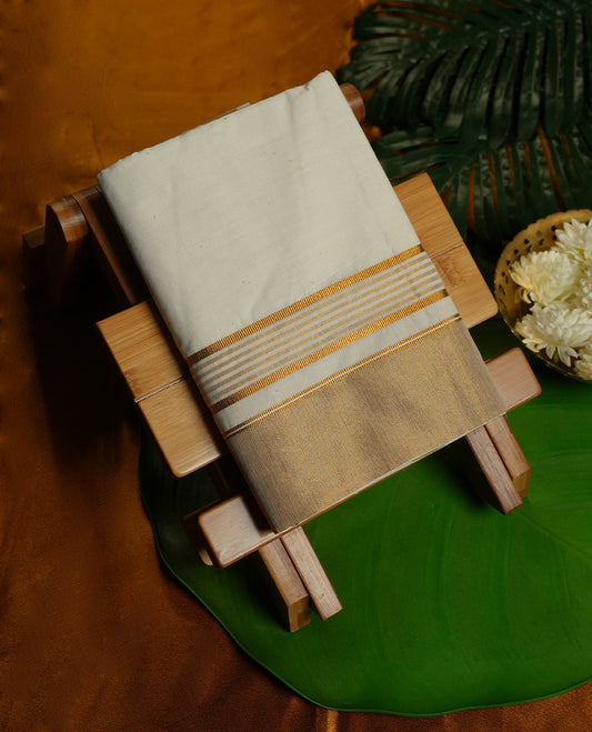 White Colour Pure Cotton double Dhoti with Gold Colour Border for Men