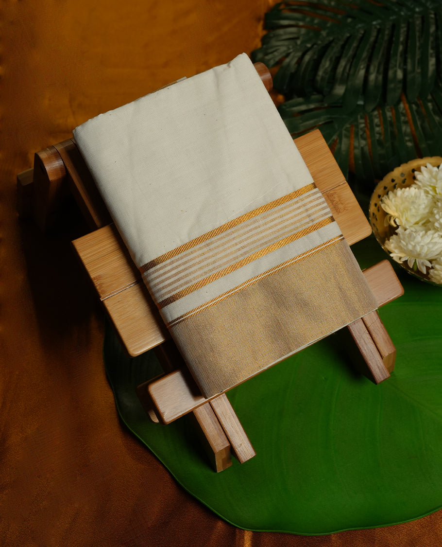 White Colour Pure Cotton double Dhoti with Gold Colour Border for Men