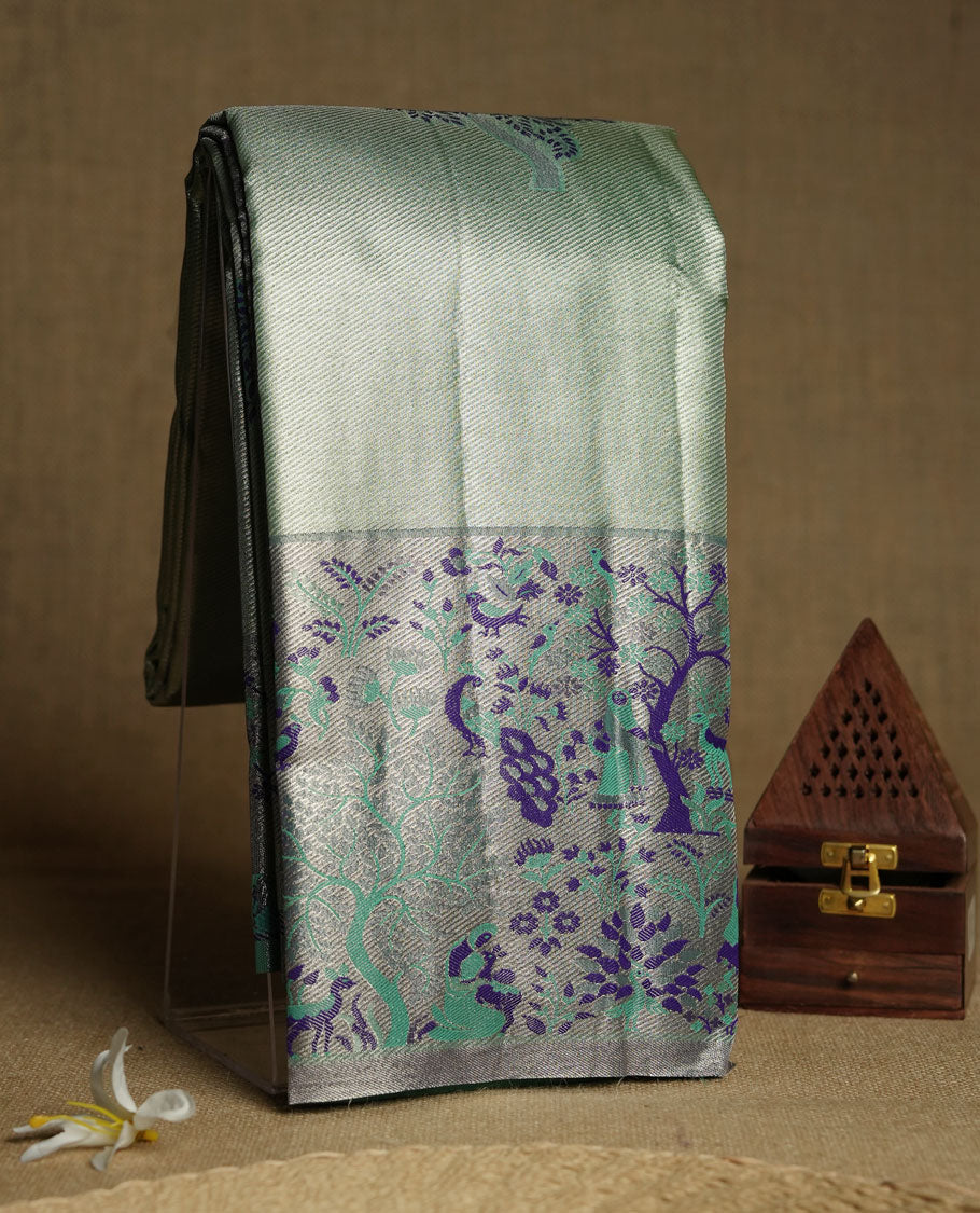 Light Green Tissue Saree, Intricate Butterfly Wing Printed Pallu, Green Forest Motif Border, Geometric Zari Design, with Matching Blouse