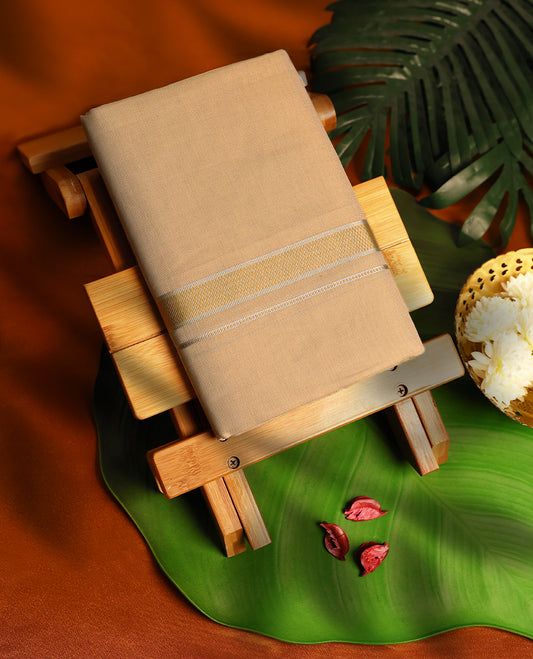 Gold Colour Tissue double dhoti with Gold & Silver kara, crafted for traditional elegance & comfort, for men.