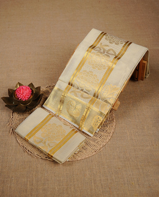 Light Gold colour tissue set mundu highlighting gold zari Floral pattern on traditional border