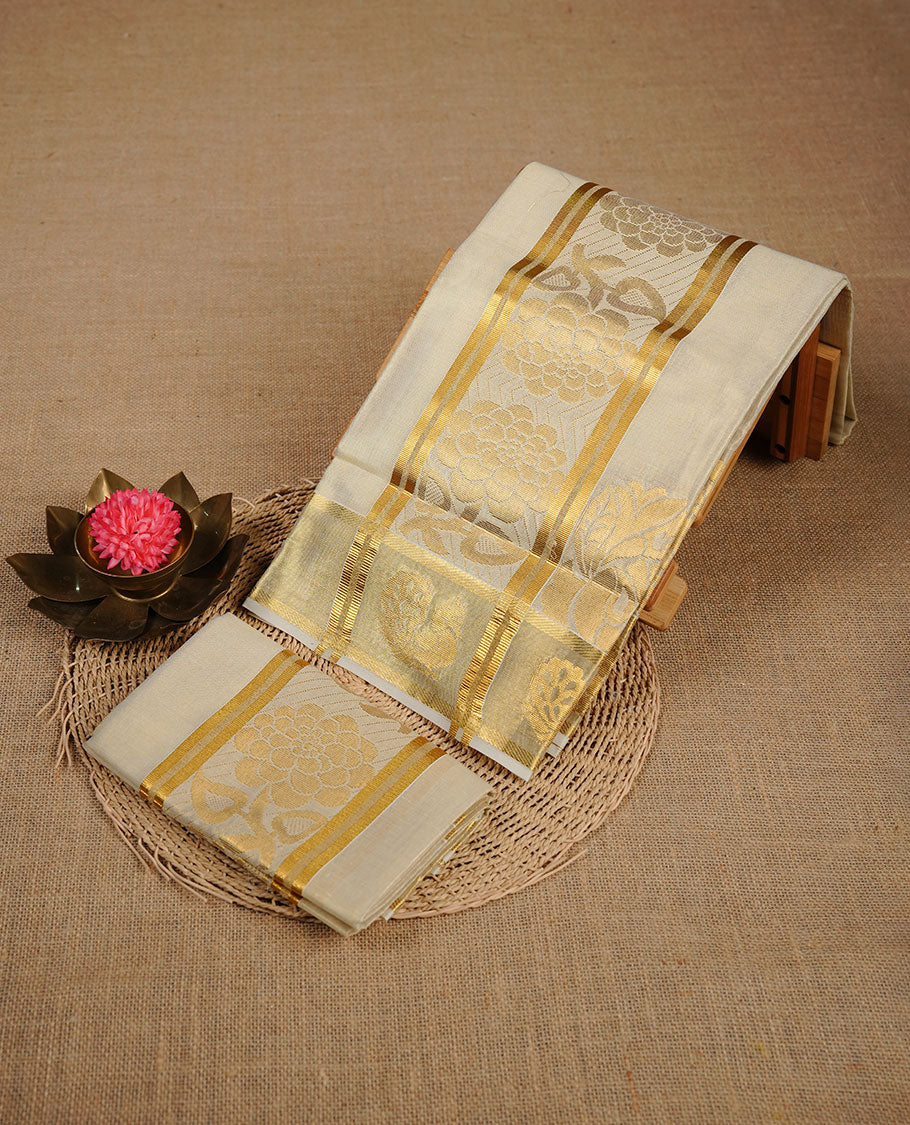 Light Gold colour tissue set mundu highlighting gold zari Floral pattern on traditional border