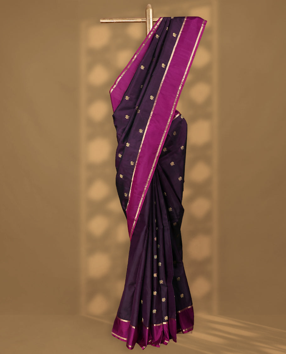 Dark Grape Colour Vasundhara Silk Saree having Peacock Buttas in Body with Contrast Colour Border and Blouse