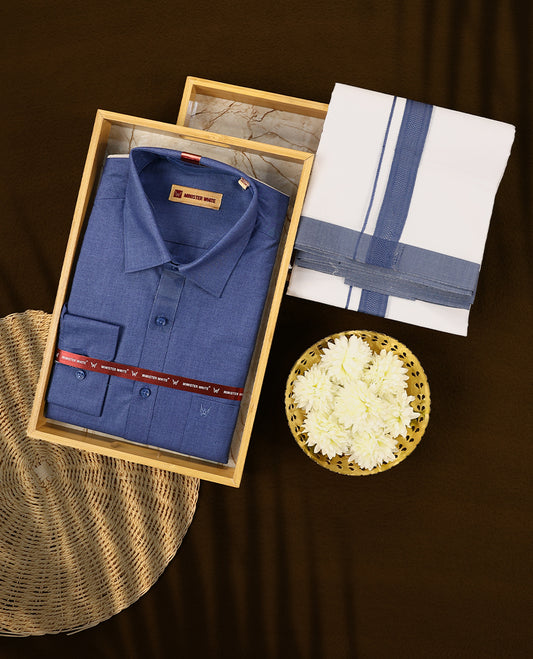 Rich blue Full Sleeve shirt and matching white dhoti featuring a contrasting blue border with subtle texture crafted for a refined and traditional look suitable for all occasions