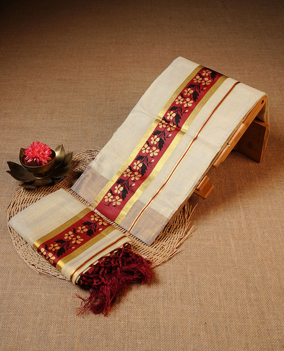 Golden colour Tissue silk set mundu features a plain body accented by a Floral print on gold zari border.