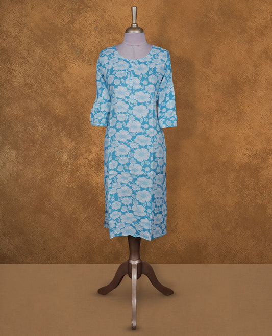 Sky and white colour kurti with White floral prints, knee length design, styled with a round neckline and a sleeve .