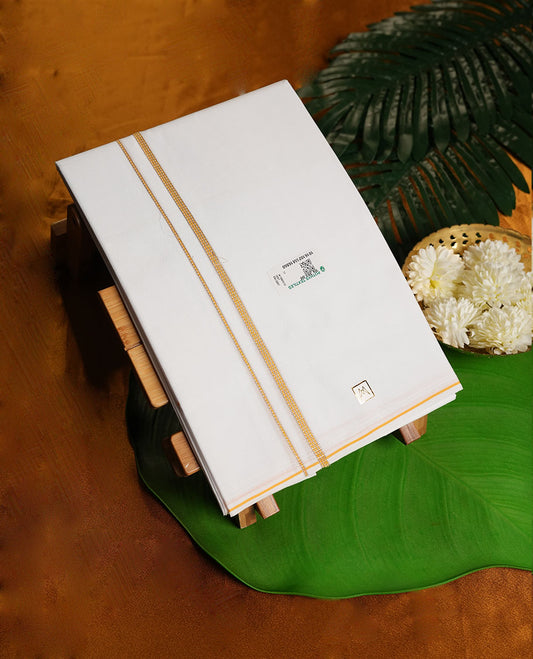 White Colour Minister White Pure Cotton single Dhoti with Gold and yellow Colour Border for Men