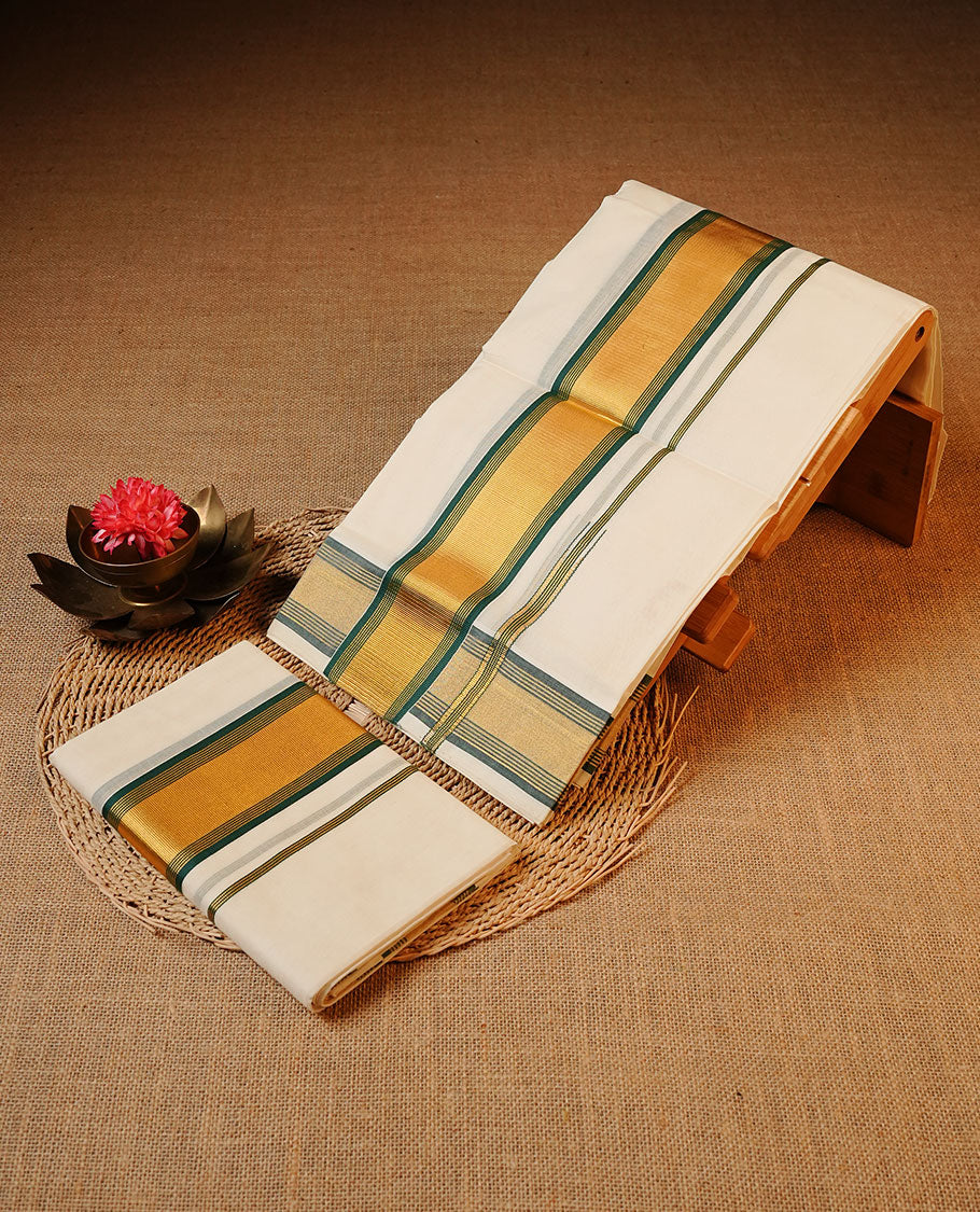Off white colour Cotton Set Mund featuring a plain body, enhanced by a gold zari border with green stripes.