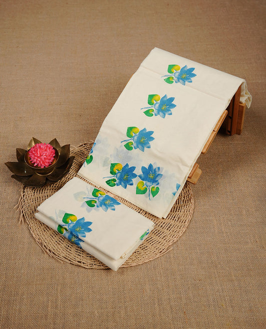 Cream colour cotton set mundu highlighting blue floral print border.