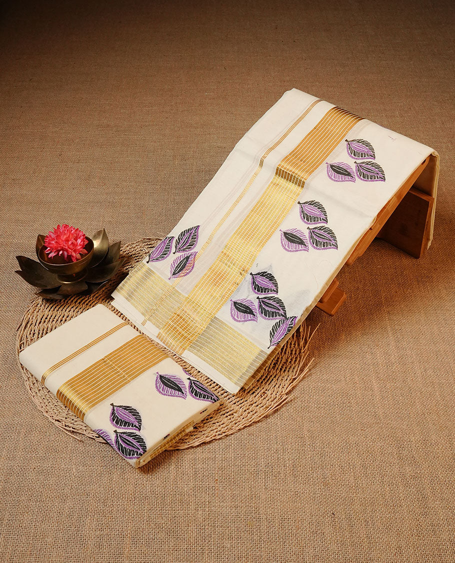 Off white colour Cotton Set Mund featuring a plain body, enhanced by a gold zari border with purple leaf printed motifs.