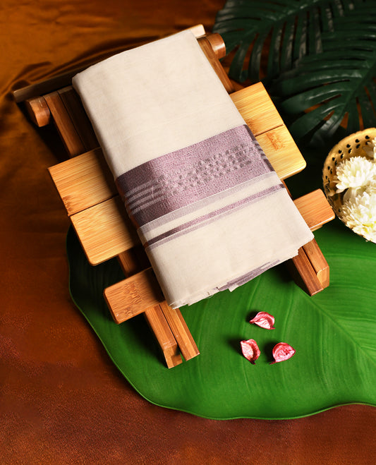 Off white colour pure handloom cotton double dhoti featuring a rose gold kara with subtle textured detailing, designed for traditional grace, cultural elegance, and everyday comfort.