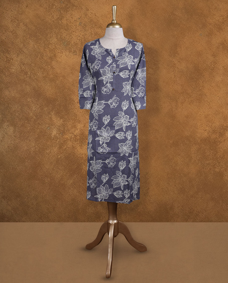 Blue Ash colour kurti adorned with white floral outlines and fine pinstripes, styled with a notched round neckline with button detailing and comfy 3/4th sleeves.