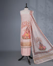 Light pink Colour Kotta Net Salwar material featuring a beautiful Radha inspired digital print with floral motifs and subtle golden accents on body , paired with a matching bottom and dupatta.