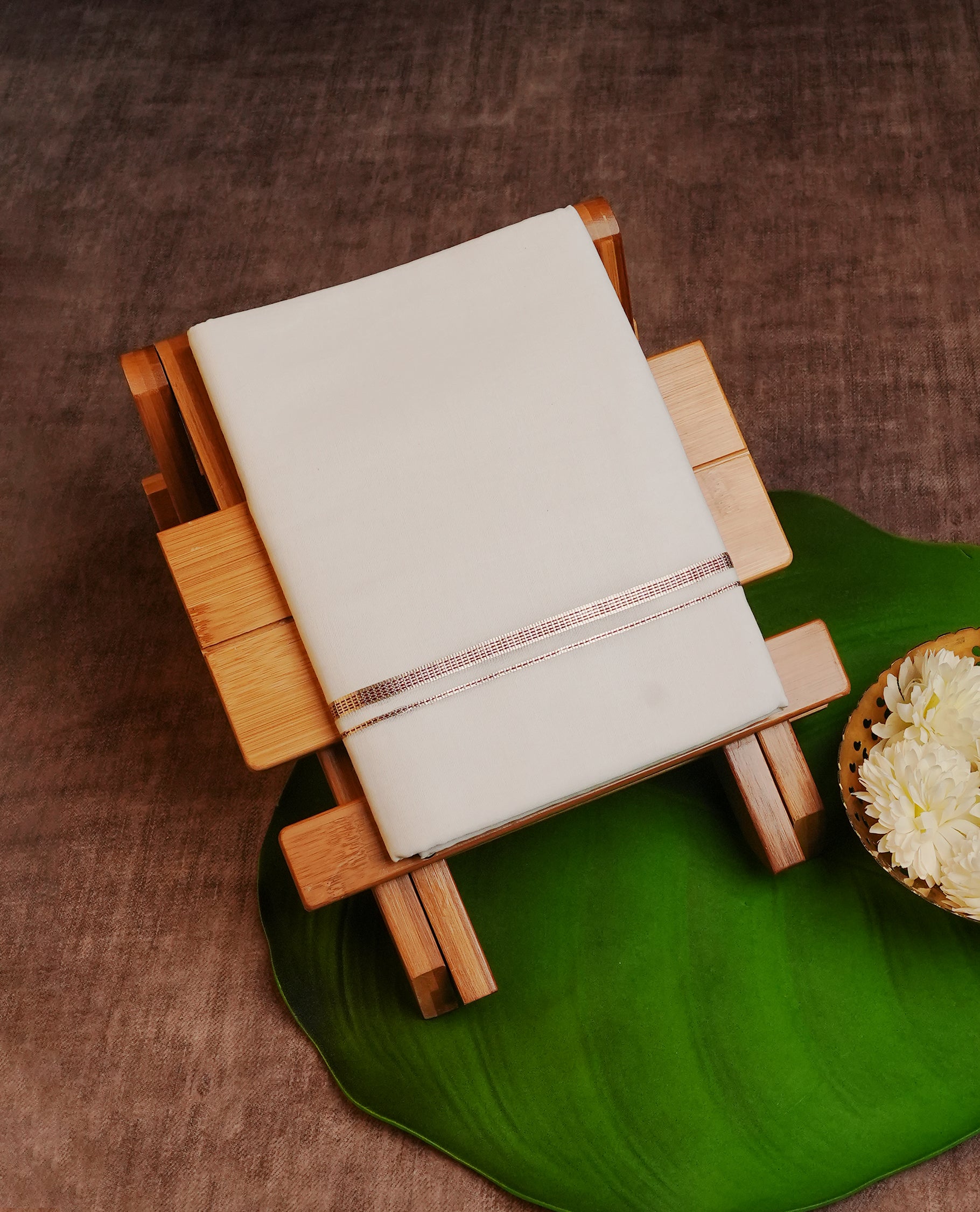 Cream Colour Cotton Double Dhoti Finished With A Classic Simple Silver & red Stripe Kara.