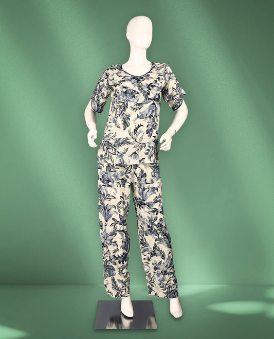 Beige and navy blue colour floral printed nightwear featuring a round neckline with a gathered yoke detail, short sleeves with gentle pleats, and relaxed straight-fit pants for an effortlessly stylish look.