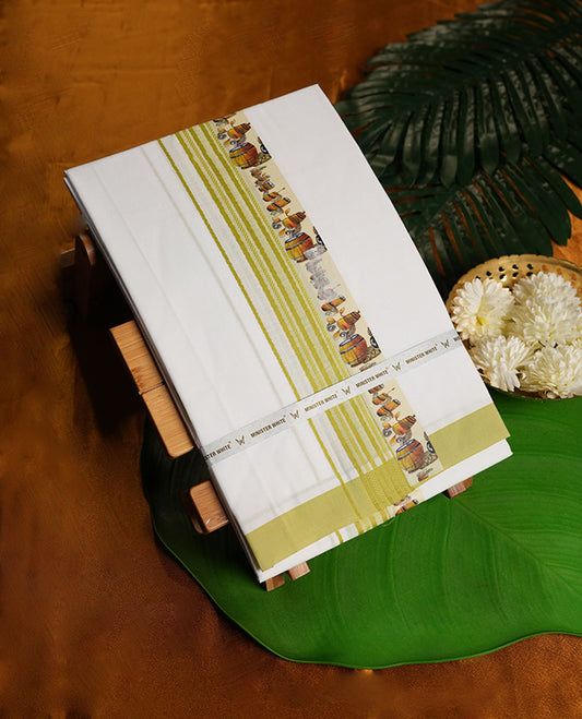 White Colour Minister White Pure Cotton single Dhoti with Lime Green Colour and printed design Border for Men