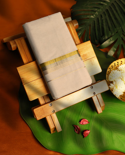 Light ivory Colour cotton double dhoti having Gold with Silver Kara, crafted for traditional elegance & comfort, for men.